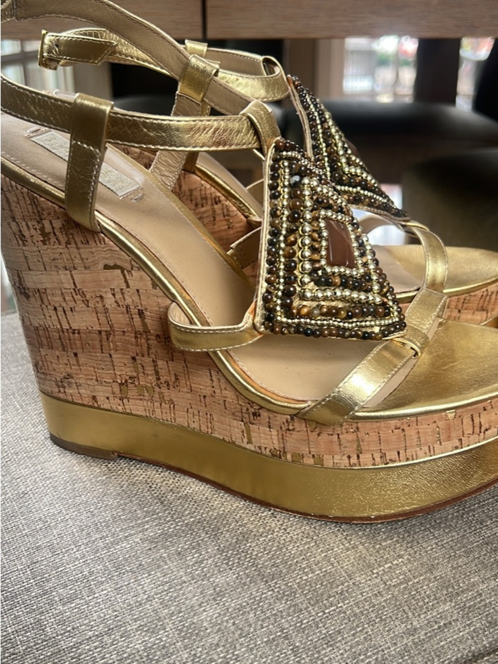 Lauren Ralph Lauren Gold Beaded Cork Wedge Sandals
